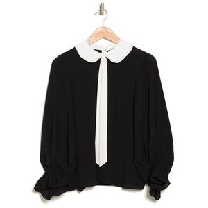 NWOT Nordstrom Cece Peter Pan Neck Tie Ruffle Long Sleeve Blouse Black White XS